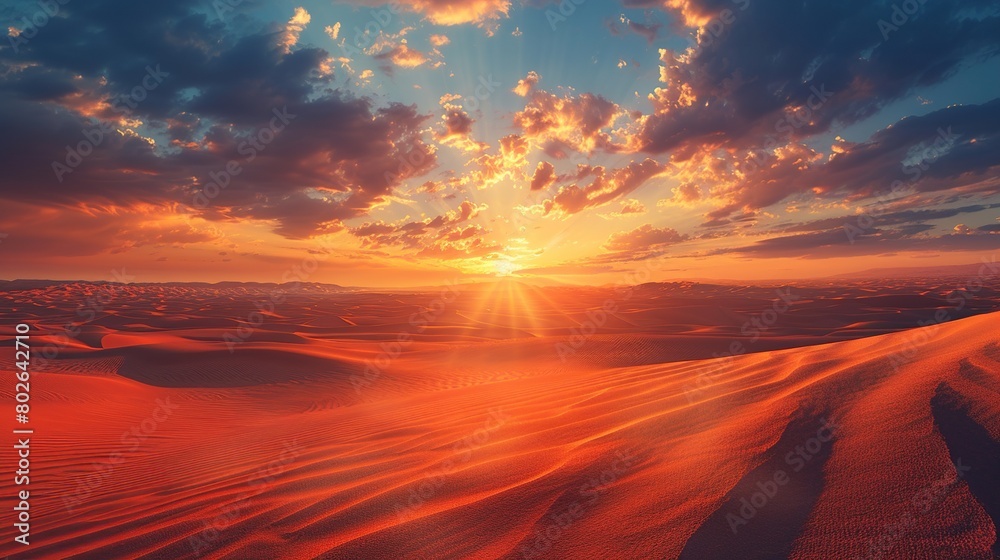 An arid desert landscape with a beautiful sunset.