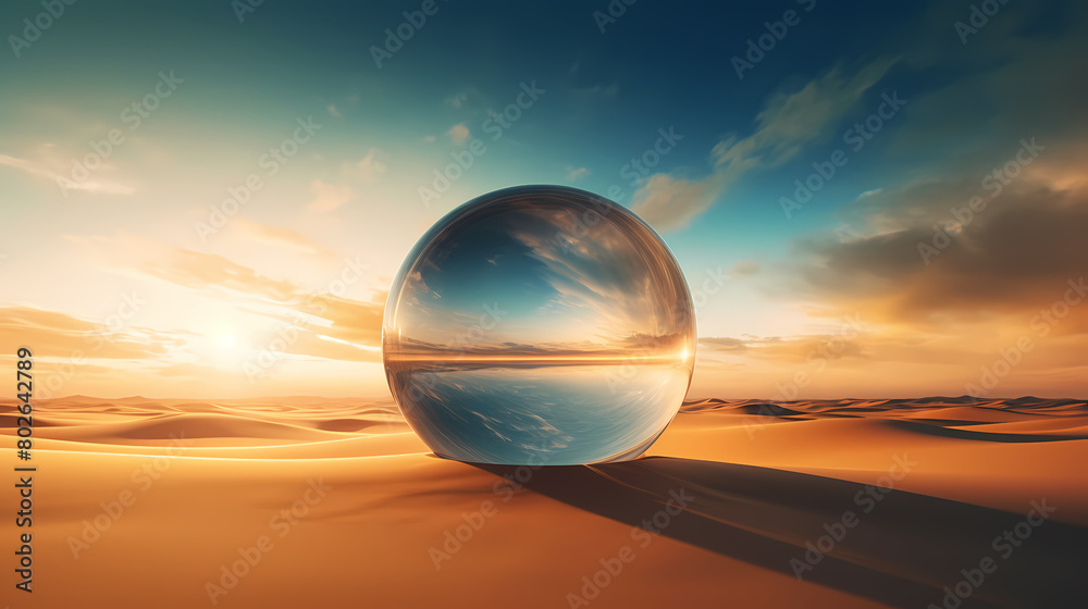 Glass sphere reflects vast desert landscape Glass sphere reflects vast desert landscape
