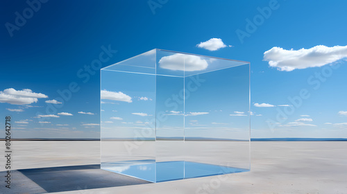 A huge rectangular glass box stands on a flat desert