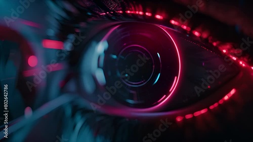 Pushing towards an iris on a human eyeball as a heads up display activates in a translucent display built into the eye photo