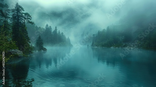 Fog blankets a tranquil lake nestled among trees on a mountain  creating a serene and mystical scene. Generative AI