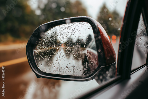 A side view mirror of an SUV with raindrops on it, reflecting the wet road and trees in the rainy weather