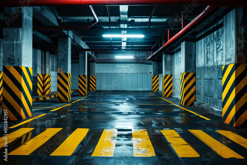 Empty underground parking lot with yellow and black striped safety lines, wide angle, red pipes, dark atmosphere