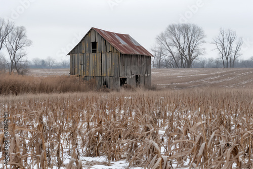 An old barn in the middle of an open field with corn and snow, winter