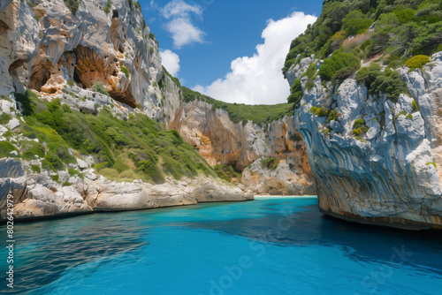 Turquoise sea nestled amidst majestic rocky cliffs blanketed with lush green vegetation