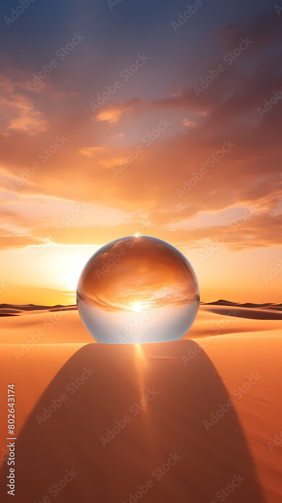 Glass sphere reflects vast desert landscape Glass sphere reflects vast desert landscape
