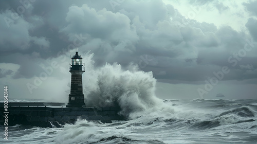 Stormy high waves over the lighthouse on a cloudy day ai generative photo