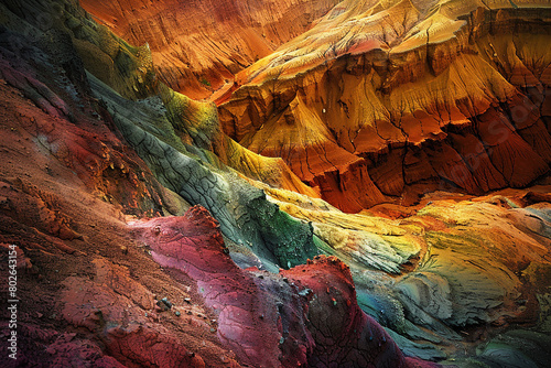A rugged canyon carved by millennia of erosion, painted with layers of vibrant sediment.