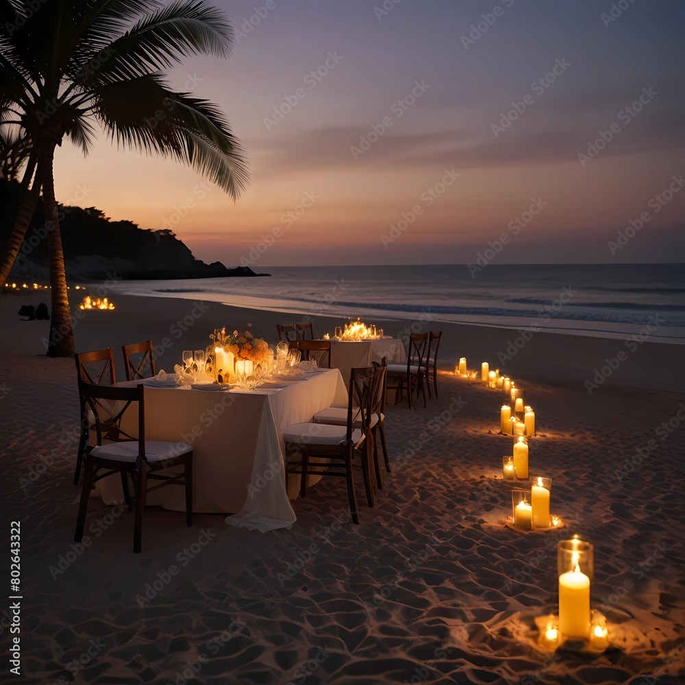 Fototapeta premium the setting for a romantic dinner on the beach lit by the sunset. illustration for banner, poster, social media, web. generative ai