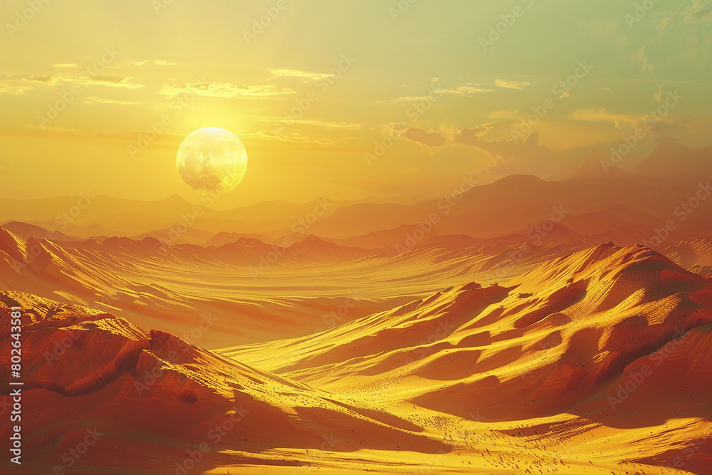 A surreal desert landscape with sand dunes shifting in the wind under a golden sun.