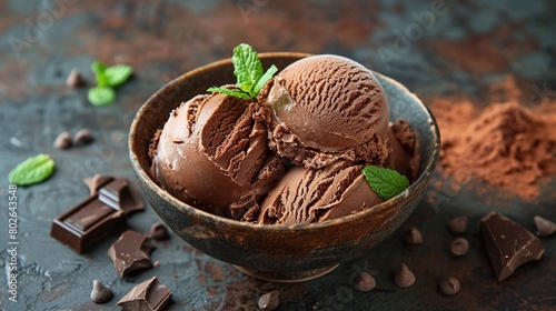 Delicious chocolate ice cream in a bowl on the table in close up. photo