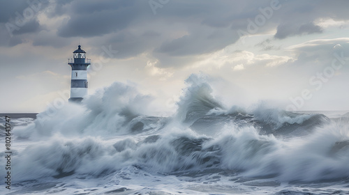 Stormy high waves over the lighthouse on a cloudy day ai generative photo
