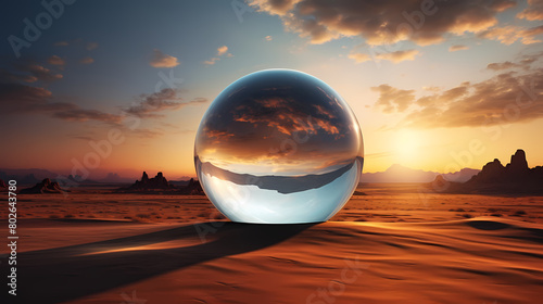 Glass sphere reflects vast desert landscape