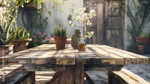 Create a picturesque setting featuring a wooden table