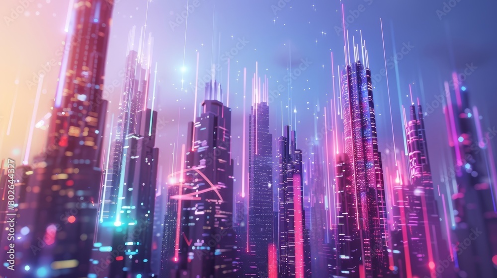 A futuristic city skyline with towering buildings emitting vibrant pulses of quantum energy symbolizing the integration of quantum technology into society..