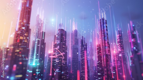 A futuristic city skyline with towering buildings emitting vibrant pulses of quantum energy symbolizing the integration of quantum technology into society..