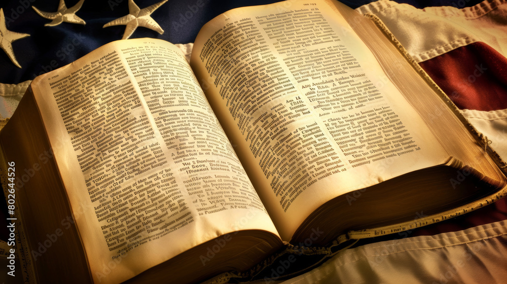 Fototapeta premium Open book on American flag background