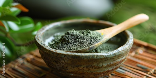 A close shot of DIY matcha face mask in a ceramic bowl with a wooden surface and a big space for text or beauty product advertisement background, Generative AI.
