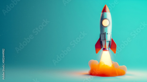 A rocket is shown floating through the air, in photorealistic compositions of light cyan, orange, light white, and crimson.
