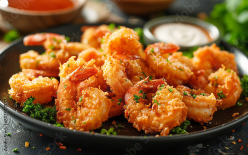 A plate of crispy shrimp, ready to cook, is shown, featuring eco-friendly craftsmanship in amber, with authentic expressions and innovating techniques.