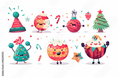 Merry Christmas and Happy New Year collection. Christmas bell, disco ball with confetti, cocoa with marshmallows and sweets of trendy retro mascot style. Groovy cartoon