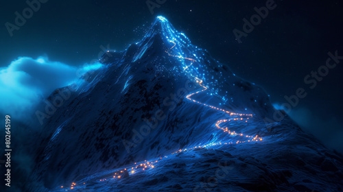 A mountain trail is illuminated with lights at night, in light azure, showcasing conceptual realism, functionality emphasis, and miniature illumination. photo