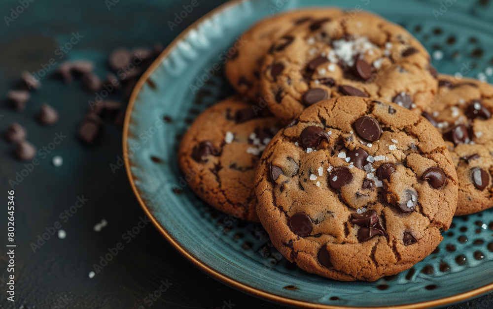 A plate holds chocolate chip cookies with salt, in dark themes of dark cyan, bronze, and dark brown, creating an ethereal and dreamlike atmosphere.