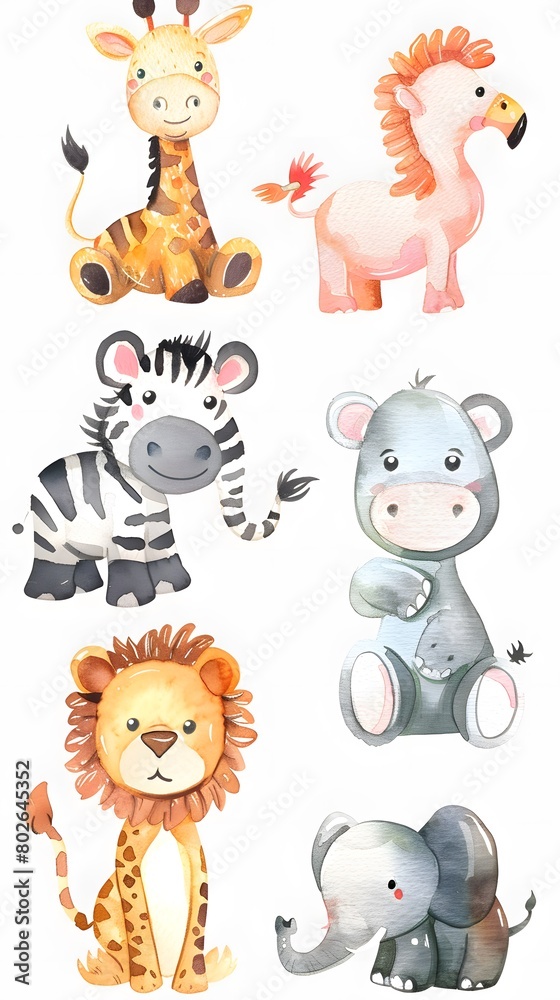 Fototapeta Playful Watercolor Style Illustration of Baby Animals Including Zebra, Giraffe, Hippo, and Lion