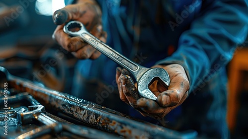 A mechanic holding a wrench. Auto service, repair, maintenance and people concept.
