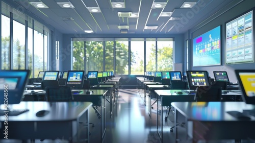 A classroom filled with desks equipped with interactive screens allowing students to engage with personalized content designed to meet their specific learning styles.. photo