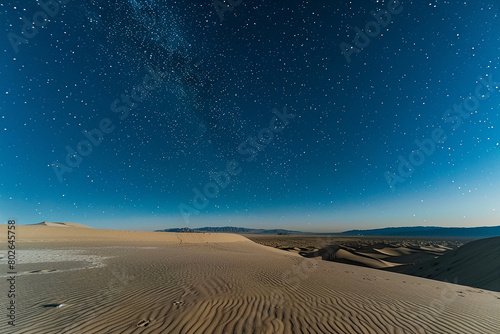 A vast, otherworldly desert stretching to the horizon under a canopy of stars.