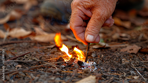 Closeup of male hand starts fire with magnesium fire steel fire striker Survival concept. photo