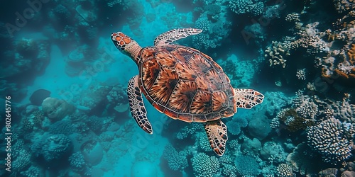 A top view and close shot of sea turtle swimming on blue ocean with a big space for text or product advertisement background, Generative AI.