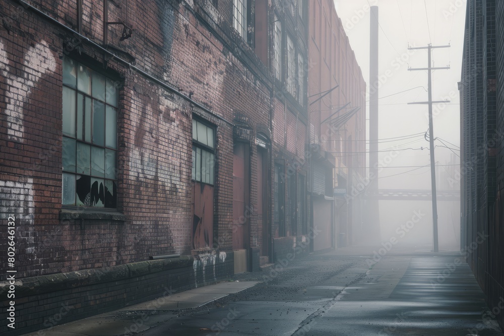 Discover the eerie beauty of a deserted warehouse district on a foggy morning, where ghostly shapes loom out of the mist and the air is thick, Generative AI Discover the eerie beauty of a deserted warehouse district on a foggy morning, where ghostly shapes loom out of the mist and the air is thick, Generative AI