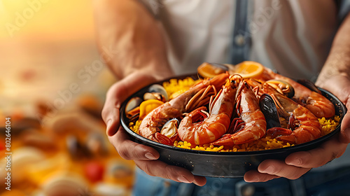 top view of Traditional Spanish dish of seafood paella. Copy space, on yellow background. photo