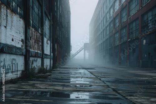 Discover the eerie beauty of a deserted warehouse district on a foggy morning, where ghostly shapes loom out of the mist and the air is thick, Generative AI photo