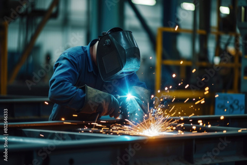 Industrial welder in blue uniform and protective mask meticulously welding metal beams in a factory setting with sparks flying.