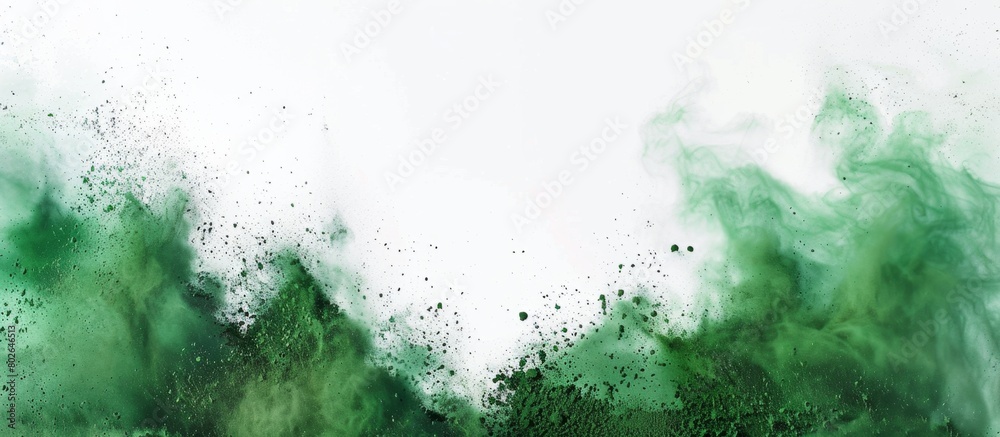 Fine green powder particles dispersed in the air above a clean white background Fine green powder particles dispersed in the air above a clean white background