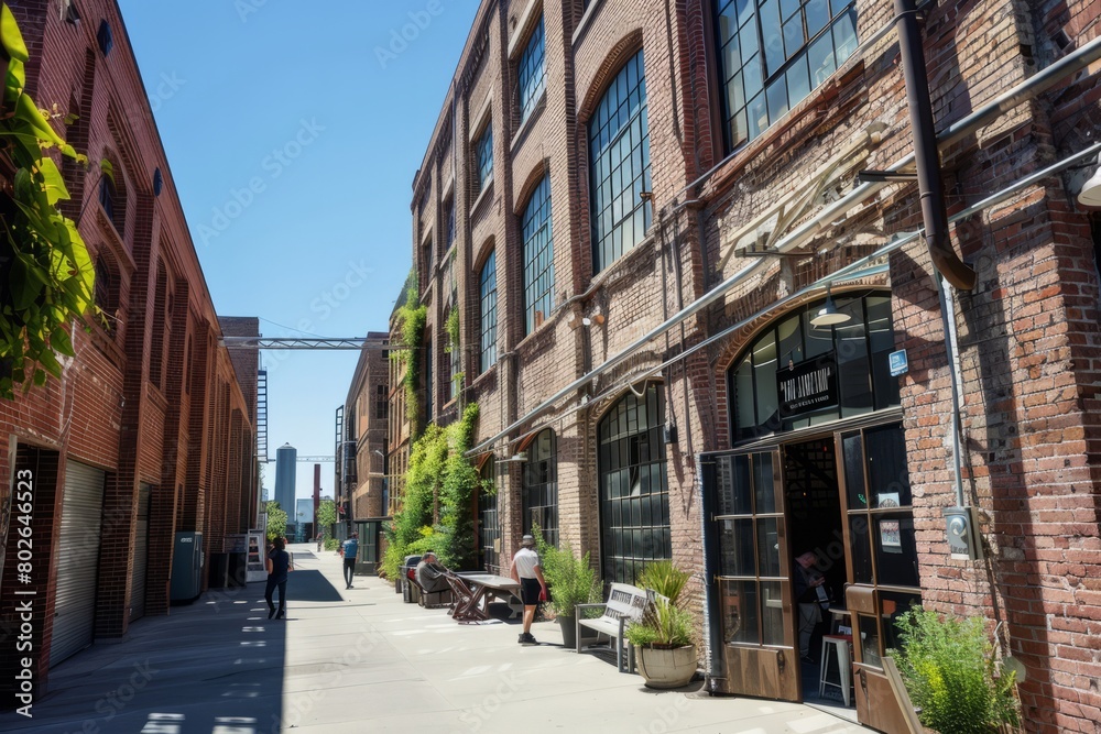 Explore the contrast between old and new in a warehouse district undergoing gentrification, where sleek modern lofts and trendy cafes coexist, Generative AI