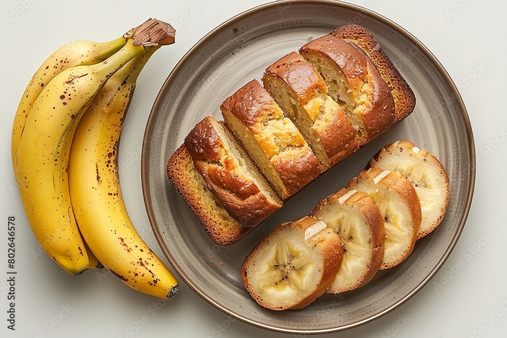 A close shot of banana bread with bananas in a plate for decoration with a plain white surface and a big space for text or product advertisement background, Generative AI.