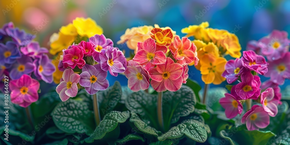 A close shot of colorful Primula veris primroses blossoming among nature with a blurry backdrop and a big space for text or product advertisement, Generative AI.