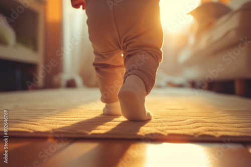 Toddler taking tentative steps in a sunlit room, capturing the innocence and exploration of early childhood.