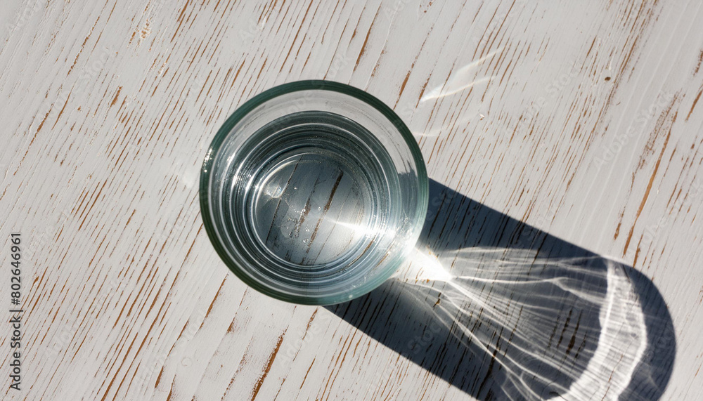 A glass with clean clear water and sharp shadows stands on a white wood table. top view of glass with water on white table A glass with clean clear water and sharp shadows stands on a white wood table. top view of glass with water on white table