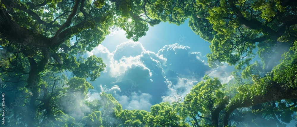 Vibrant green tree lungs in the heart of an enchanted forest branches touching under a sky of clouds portraying nature s capacity for regeneration and health.