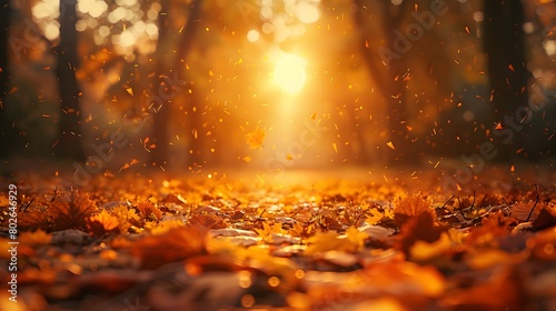 Autumn background with golden leaves on the ground in a park at sunset. A beautiful autumn landscape. An autumn concept. © horizor
