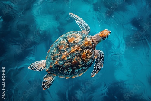 A top view and close shot of sea turtle swimming on blue ocean with a big space for text or product advertisement background, Generative AI.