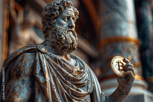 A statue of a man holding a gold bitcoin . ai generative