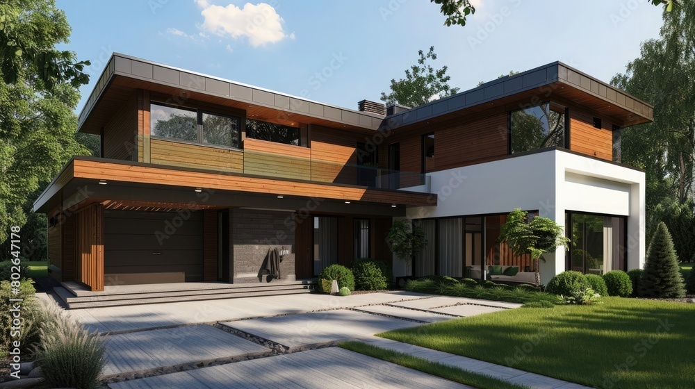 Design a 3D render showcasing a modern, isolated residence with distinctive wooden features and an attached garage