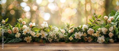 Wooden table featuring an elegant display of white flowers and lush leaves against a bokeh backdrop with ample space on both ends for creative text or product placements.