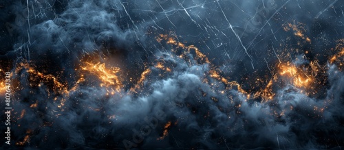 An ominous dark sky illuminated by vibrant orange and yellow lights, creating a surreal atmosphere with billowing smoke in the air photo